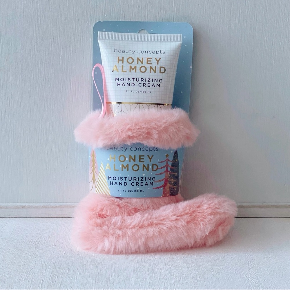 New Beauty Concepts Honey Almond Hand Cream and mini pink faux fur stocking